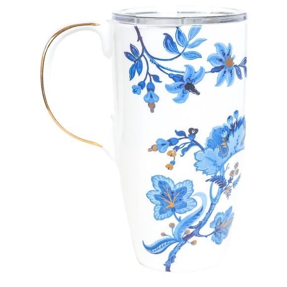 Travel Mug Ceramic Floral Blue White Gold Metallic 17 oz - Picture 2 of 7